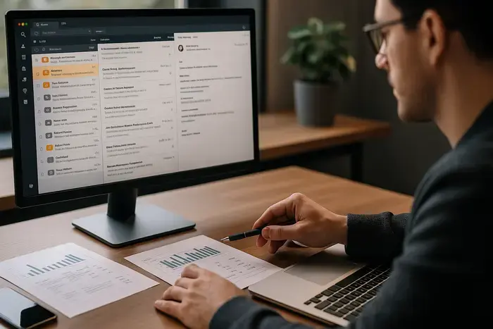 Service-Manager überwacht Dashboard mit KPI-Metriken, Response-Zeiten und Kanal-Performance von Greyhound Ticketsystem