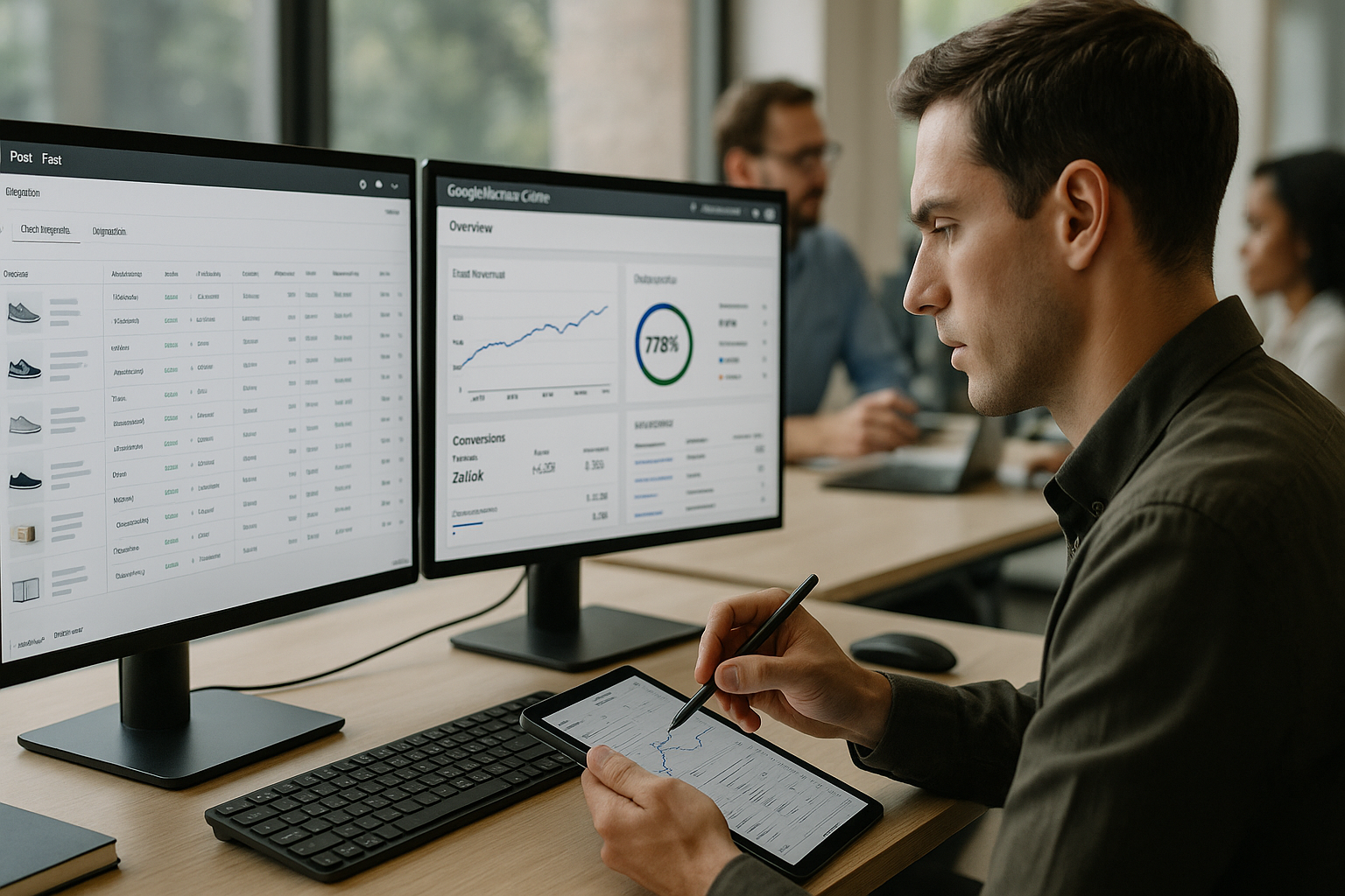 Detailansicht eines modernen E-Commerce-Arbeitsplatzes mit großen Monitoren, auf denen Produktfeeds, Google Merchant Center-Oberflächen, Analytics-Diagramme und Conversion-Metriken sichtbar sind, professionelle konzentrierte Arbeitsatmosphäre
