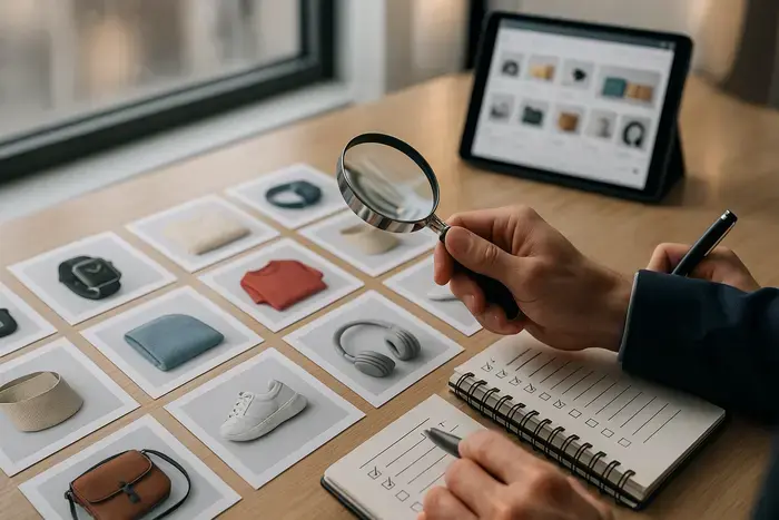 Nahaufnahme: Hand sortiert und analysiert professionelle, hochwertige Produktfotos von Elektronik, Textilien und Home-Goods in verschiedenen Farben, Lupe, Notizbuch mit Checklisten, Tablet mit Feed-Editor im Hintergrund, Qualitätskontrollumgebung