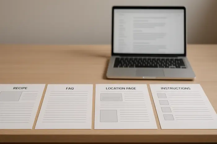 Gedruckte Vorlagen für verschiedene wiederkehrende Content-Formate im Online-Shop