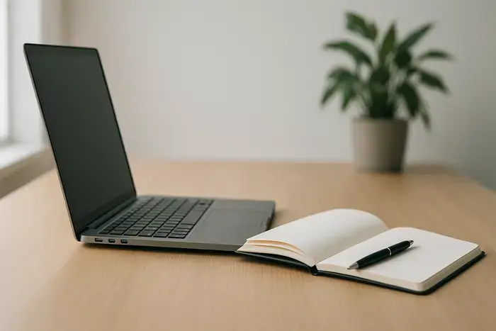 Schreibtisch mit Laptop, Notizbuch und Kugelschreiber, natürliches Tageslicht