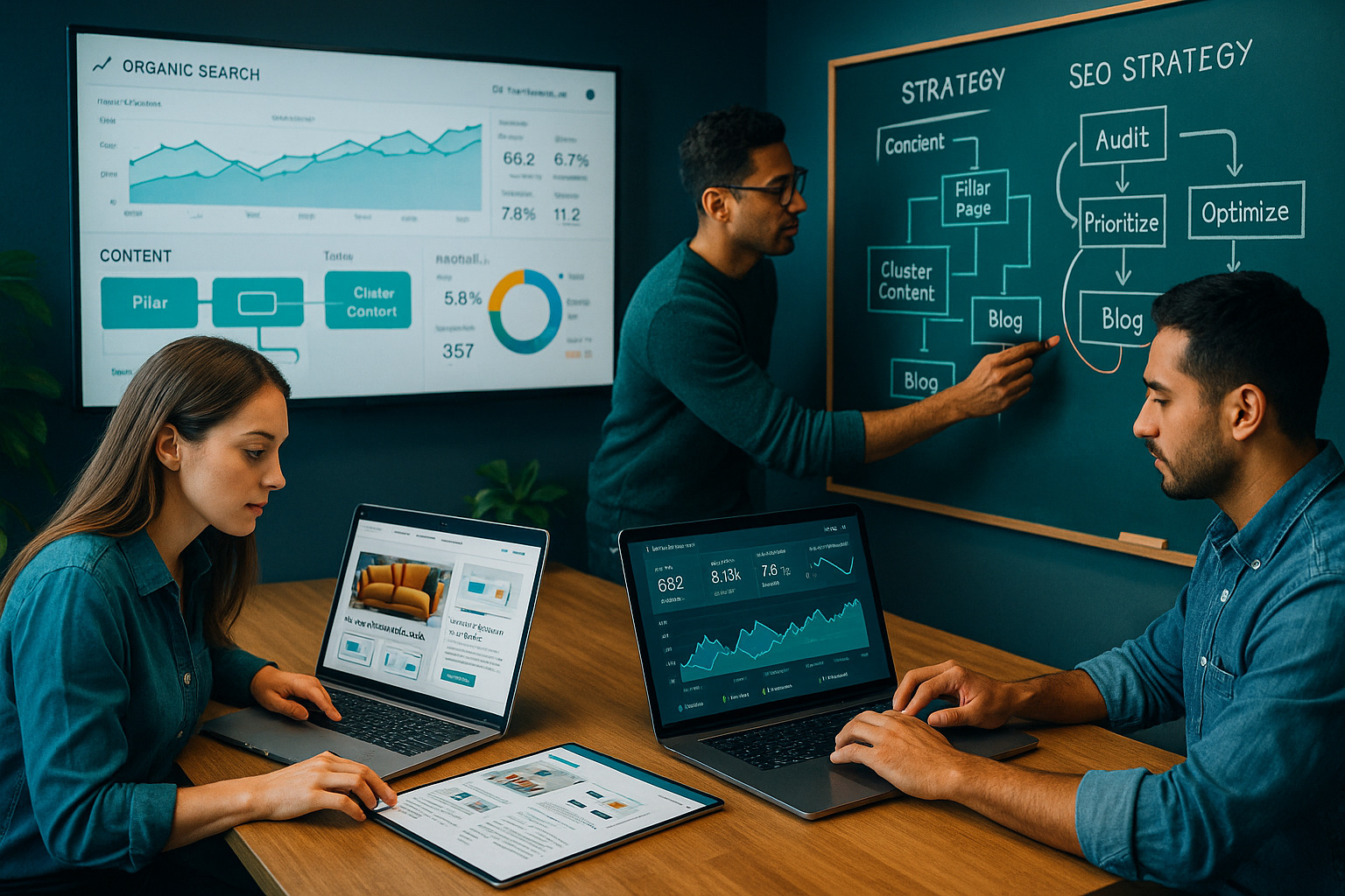 Praktische Implementierung einer Shopware-SEO-Strategie mit integrierten Content-Clustern, Blog-Ratgebern, Produkt-Slider und strategischer Verlinkung in Aktion