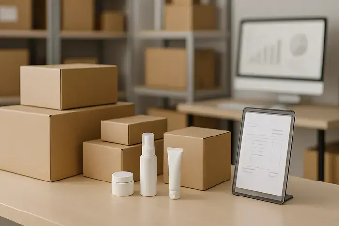 Neutraler Packtisch mit Versandkartons als Symbol für Warenkorb und Bestellabwicklung
