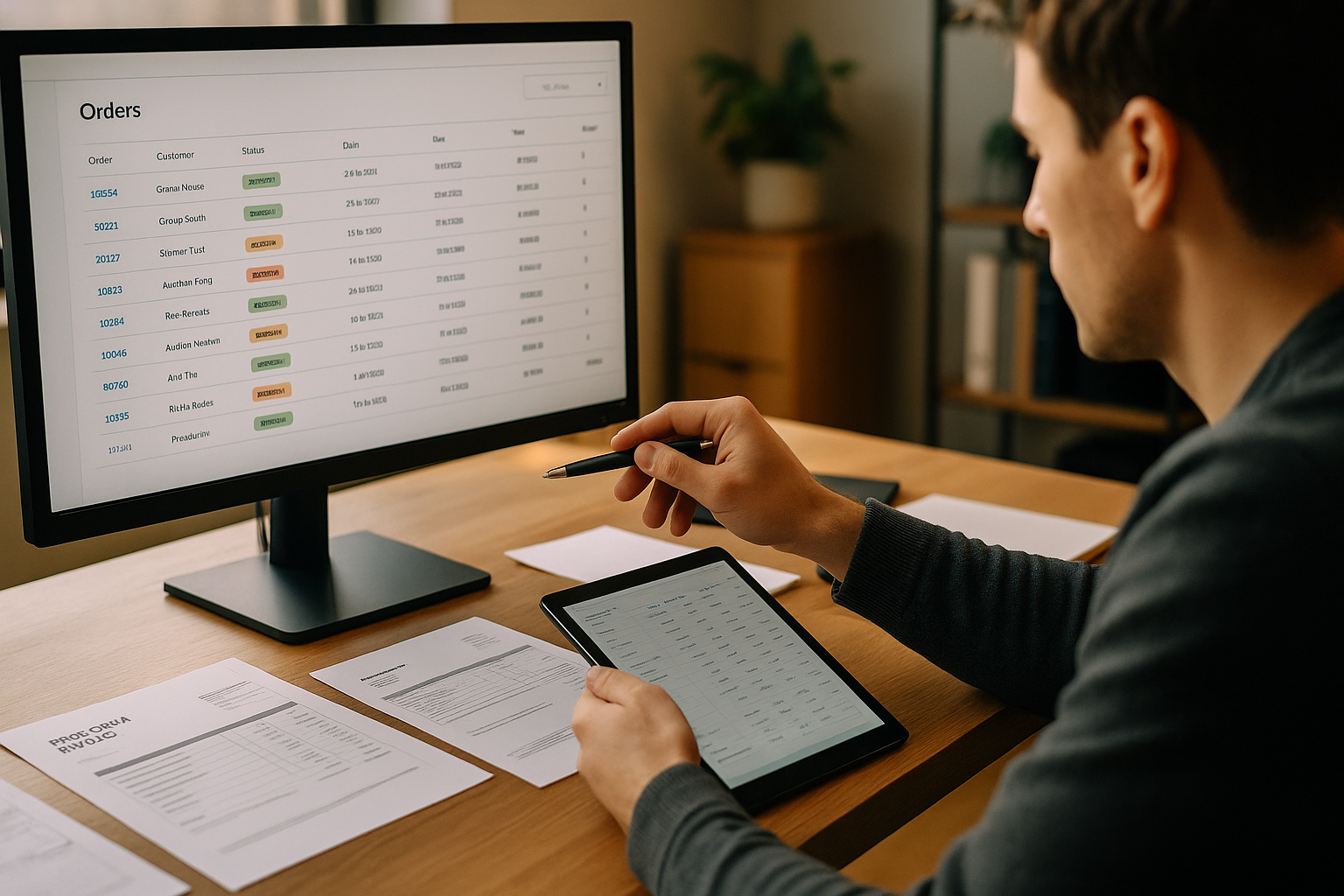 Detailaufnahme eines modernen Arbeitsplatzes mit mehreren Bildschirmen, Auftragslisten und Proforma-Dokumenten, Person vergleicht Daten auf Tablet und Monitor, professionelles Licht, strukturierte Umgebung, hohe Schärfentiefe, klare Fokussierung auf Prozess und Analyse