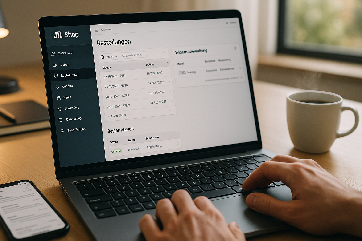 Nahaufnahme eines Laptop-Bildschirms mit geöffnetem JTL Shop Backend, sichtbare Administrationsoberfläche mit Menüpunkten und Bestelllisten, Hände auf Tastatur, Smartphone mit E-Mail-App und dampfende Kaffeetasse auf hellem Holzschreibtisch, im Hintergrund Schreibtischlampe und Notizbuch, warmes Tageslicht durch Fenster