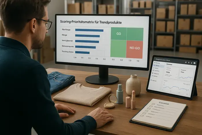 E-Commerce-Manager überprüft Scoring-Matrix mit Trendprodukten, Google Merchant Center Dashboard und Produktmustern auf dem Schreibtisch.