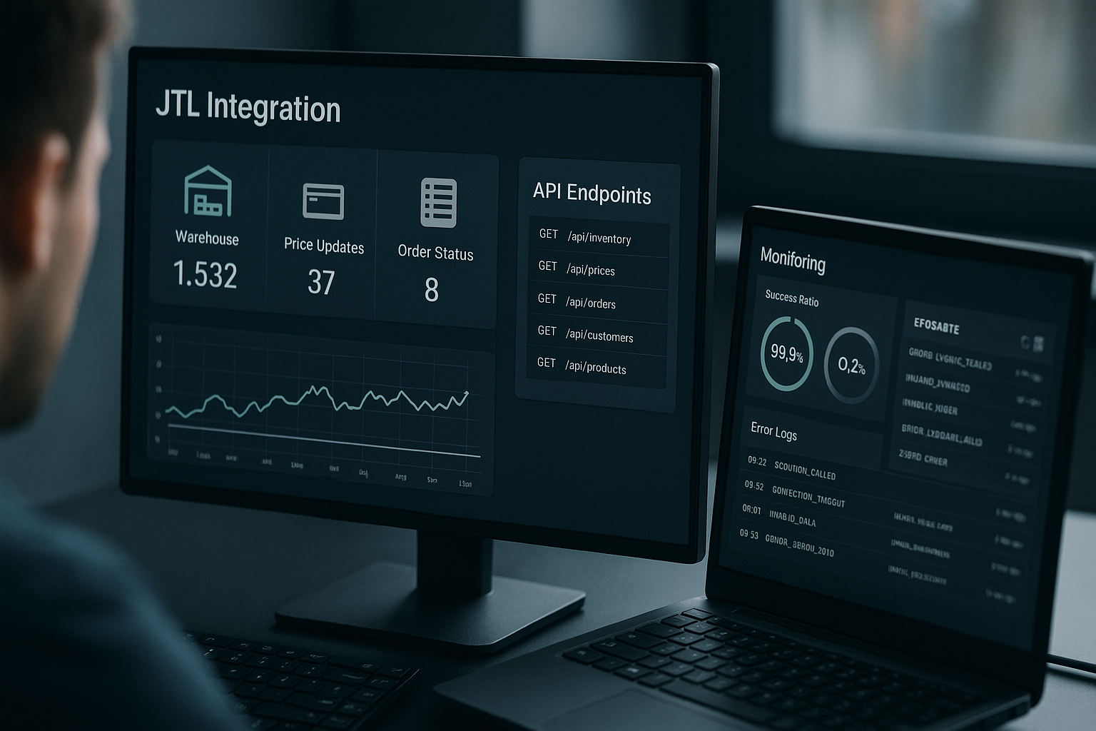 Nahaufnahme von zwei Monitoren mit JTL Dashboard, Datenfluss-Visualisierung, API-Endpunkt-Übersicht und Live-Monitoring in professioneller Arbeitsumgebung, fotorealistisch