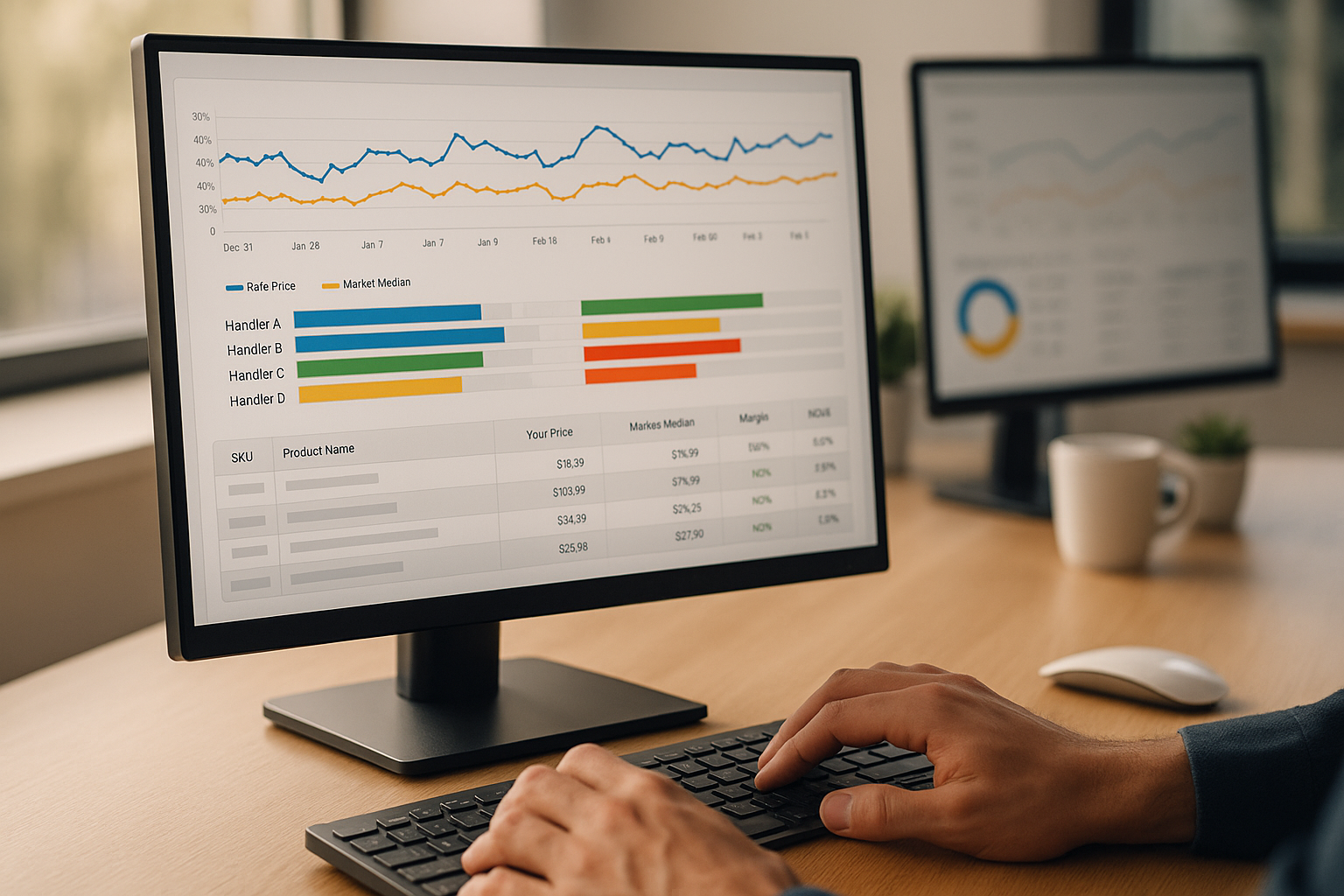 Nahaufnahme eines Bildschirms mit geöffnetem Dashboard in modernem BI-Tool, das detaillierte Preis-Zeitreihen-Diagramme, farbkodierte Balkendiagramme zu Wettbewerber-Visibility und strukturierte Tabellen mit SKU-Daten, Margen und ROAS-Metriken zeigt, daneben Hände einer Person auf ergonomischer Tastatur in hellem Büro mit Tageslicht