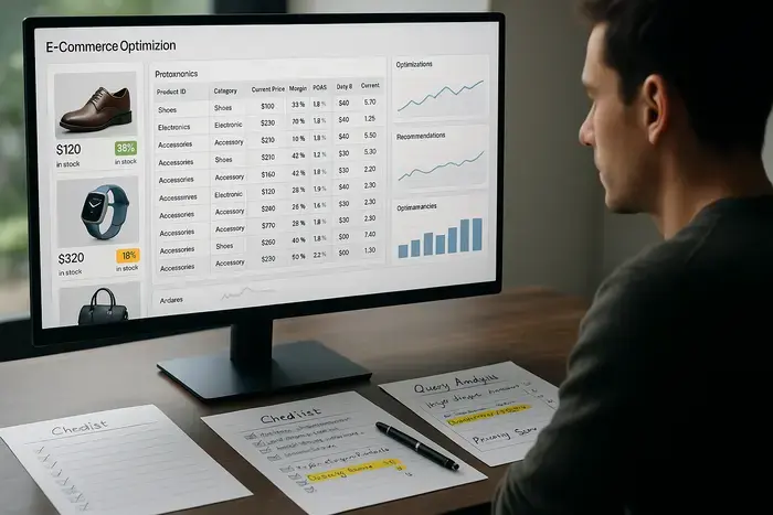 Dashboard zeigt Produktmetriken, Feed-Fehler, Shopping-Performance-Daten und Margen-Berechnungen in einer integrierten Visualisierung