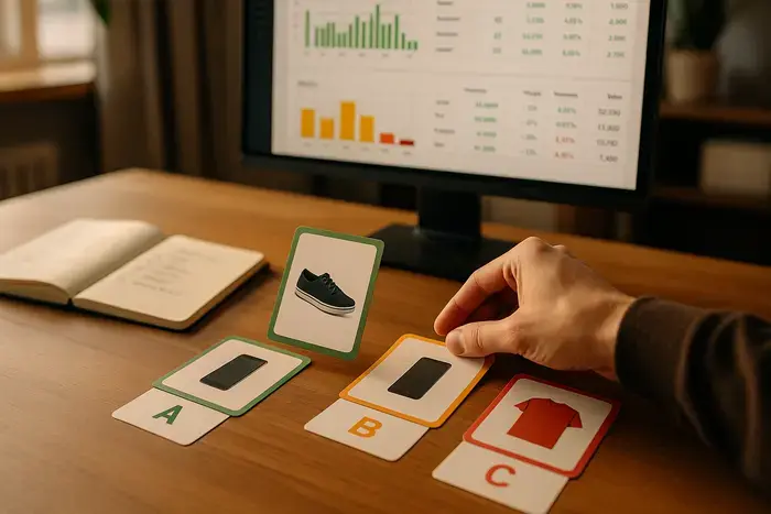 E-Commerce-Manager analysiert Profit-Dashboards mit SKU-Kategorisierung, Margen-Metriken und Gebotsoptimierung für Google Shopping auf mehreren Bildschirmen