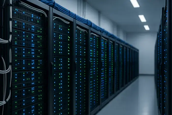 Serverraum mit leuchtenden Server-Racks, blauen und grünen LED-Anzeigen und ordnungsgemäß verlegten Netzwerkkabeln