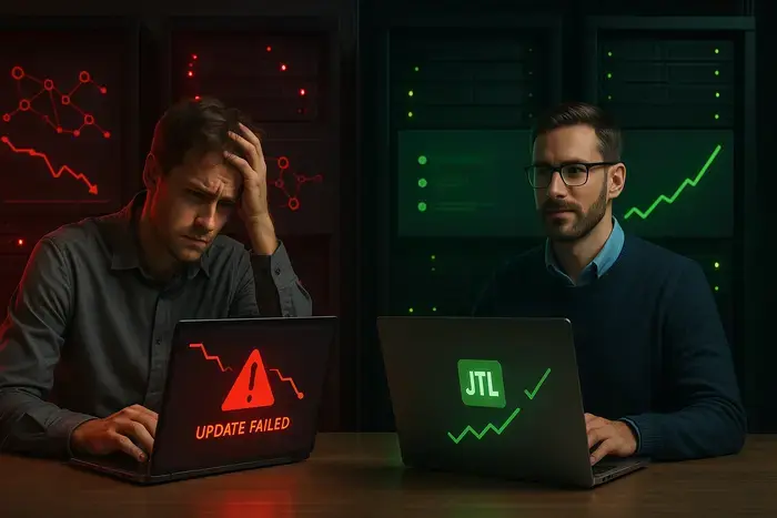 Vergleich zwischen überlasteter instabiler automatisierter Standard-Hosting-Infrastruktur mit roten Warnsignalen und optimierter individuell betreuter JTL-Hosting-Umgebung mit grünen Status-Indikatoren dargestellt durch Server-Visualisierungen und Dashboard-Elemente