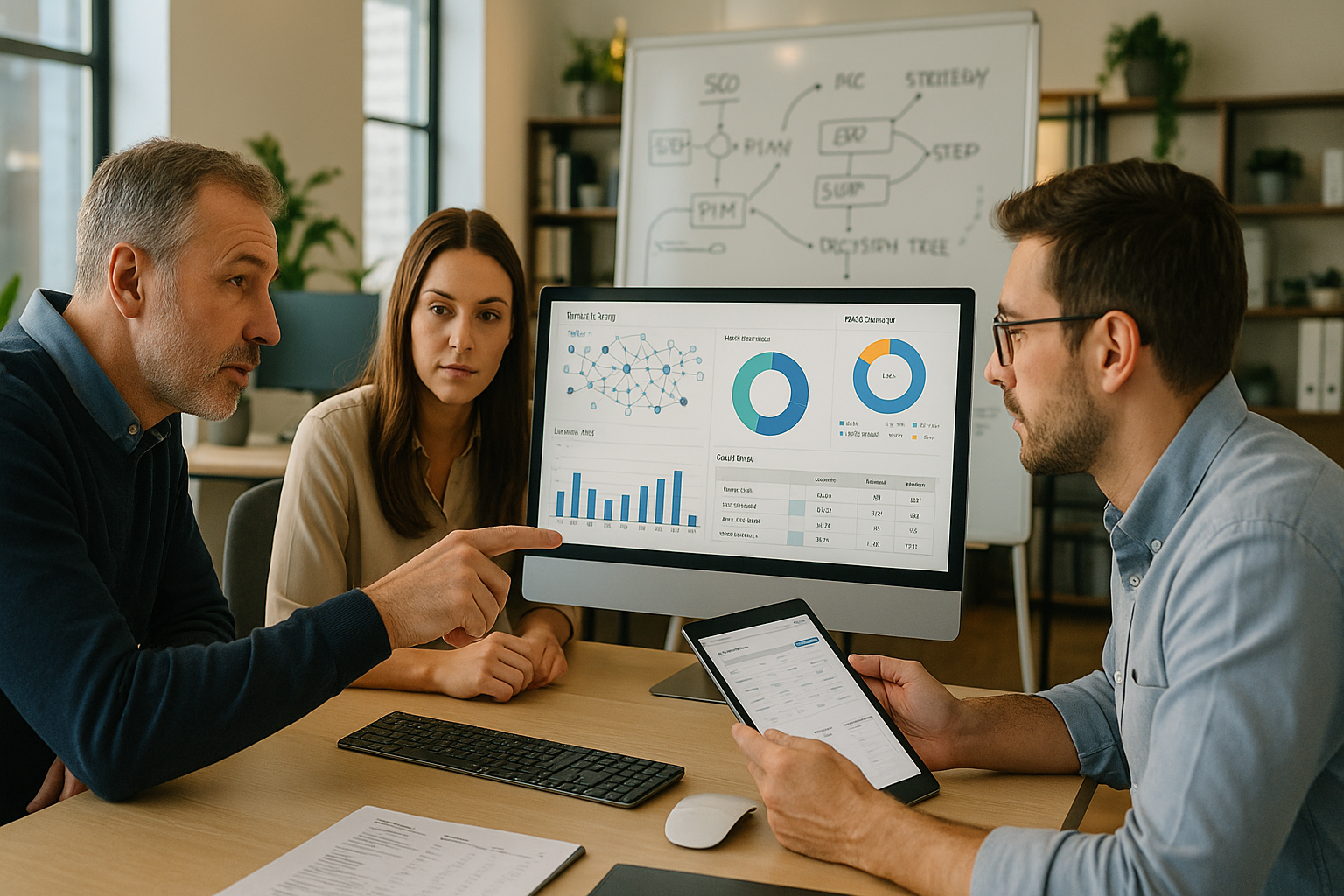 E-Commerce-Team von drei Personen in Business-Casual-Kleidung analysiert gemeinsam großen Monitor mit Dashboard, das Produktkategorien, interne Verlinkungsstrukturen und Performance-Graphen zeigt, eine Person zeigt mit Finger auf Bildschirm, andere hält Tablet, helles modernes Büro mit großen Fenstern, Whiteboards mit Diagrammen im Mittelgrund, Pflanzen und Bücherregale im Hintergrund, warme natürliche Beleuchtung, professionelle Arbeitsatmosphäre mit Fokus auf Teamarbeit