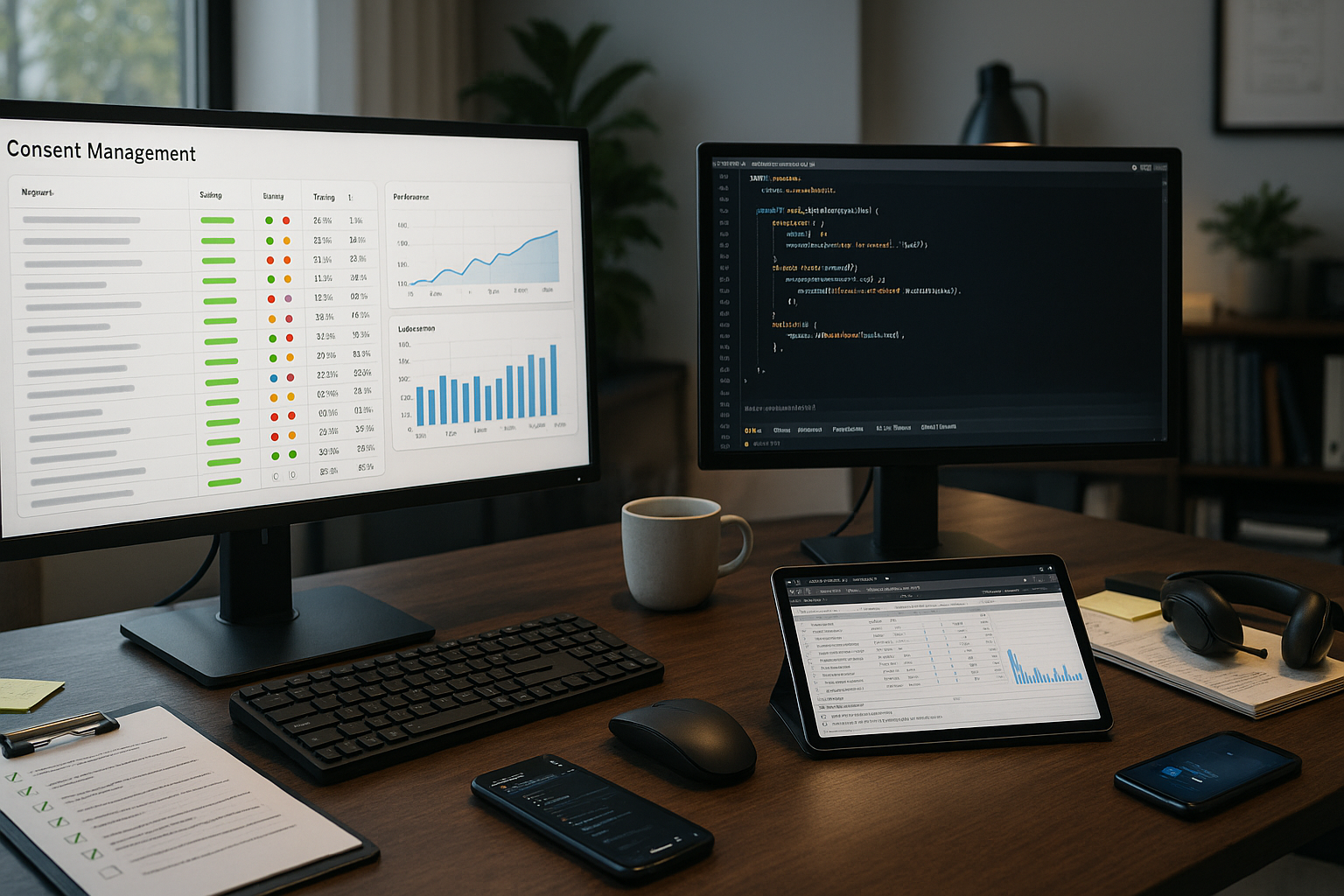 Detailansicht eines professionellen Monitoring-Dashboards auf großem Monitor mit Netzwerk-Requests, Consent-Status und Performance-Metriken, daneben zweiter Bildschirm mit Code-Editor und HTML-JavaScript-Code für Consent-Blocking, auf Schreibtisch Checkliste mit abgehakten Punkten, Tablet mit Browser-DevTools, Computermaus, mechanische Tastatur, im Hintergrund modernes Büro mit natürlichem Licht, konzentrierte Arbeitsatmosphäre