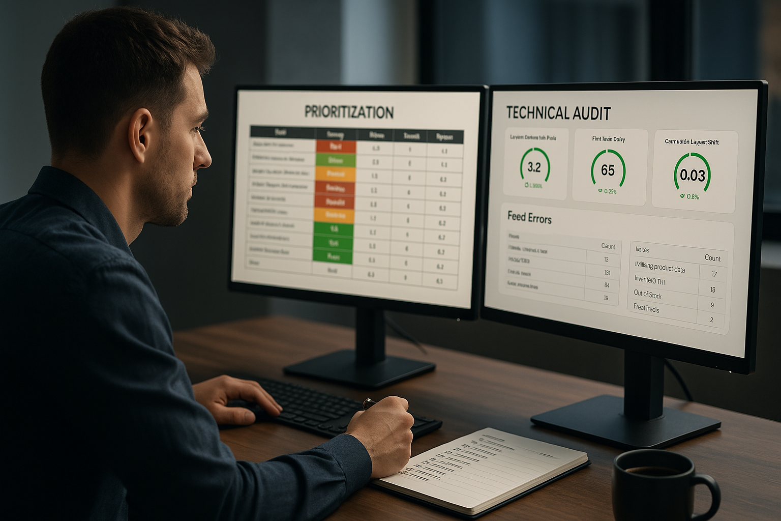 E-Commerce-Manager analysiert KI-E-Commerce-Metriken an zwei Monitoren – Priorisierungs-Tabellen, Datenqualitäts-KPIs, technische Audit-Checklisten und Vergleichsdaten in analytischem Dashboard.