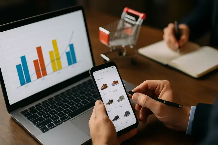 E-Commerce-Team analysiert zusammen Feed-Daten, Tracking-Abgleiche und POAS-Metriken an mehreren Monitoren in moderner Agentur-Umgebung