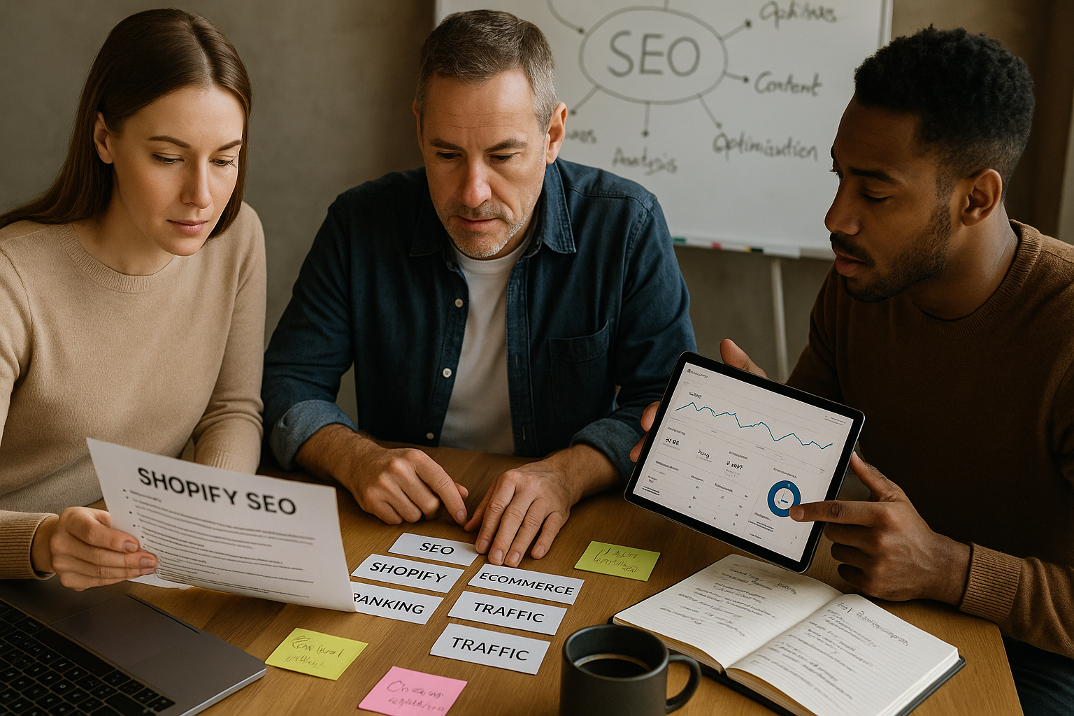 Team diskutiert Shopify-SEO-Strategie am modernen Tisch mit Laptops, Dokumenten, Notizen und Analytics-Daten in kooperativem, konzentriertem Arbeitsumfeld