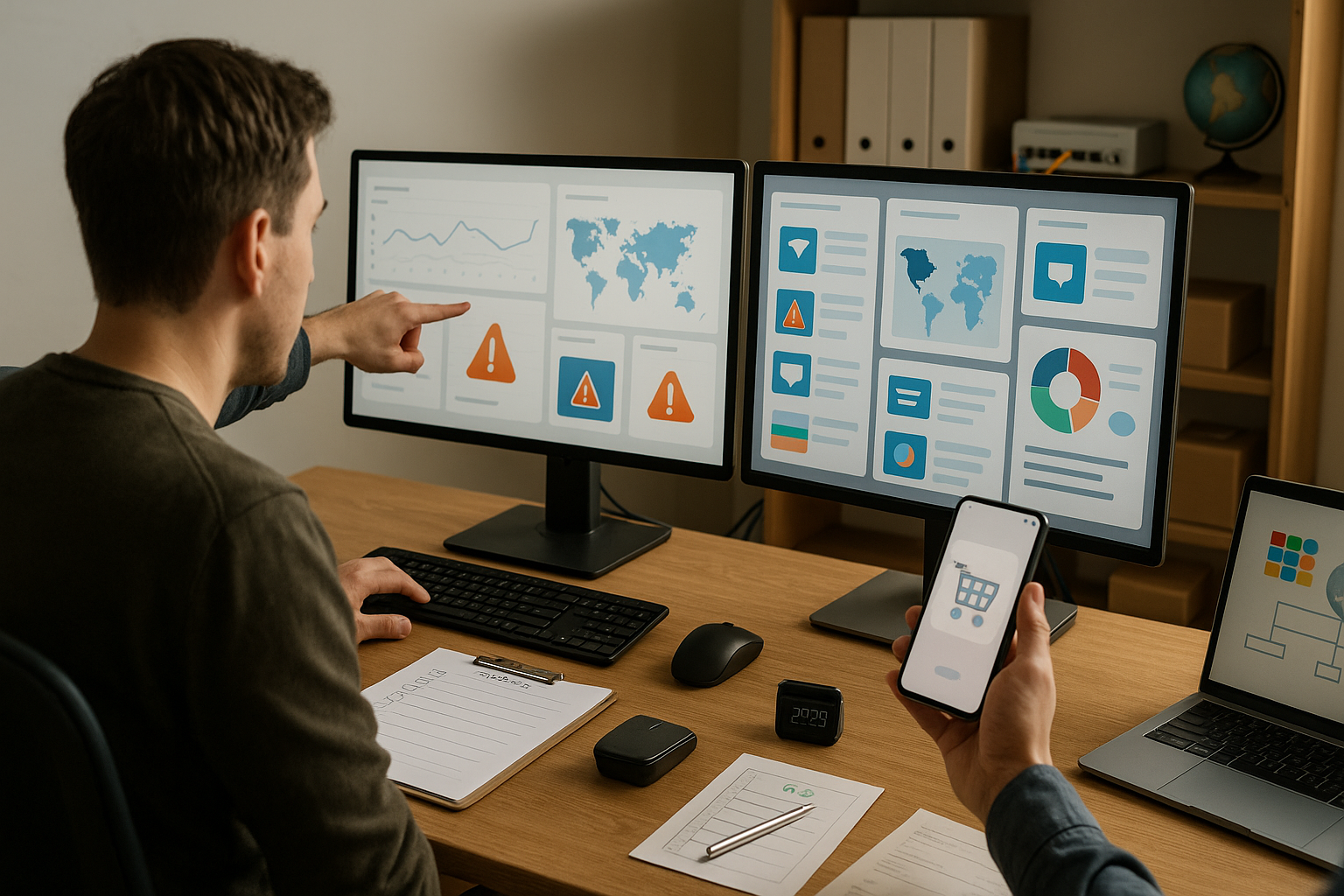 Analyst überwacht internationale Shop-Kennzahlen an zwei Monitoren, prüft QA-Checkliste und Versanddokumente; Teamkollege zeigt auf Dashboard-Warnsymbole