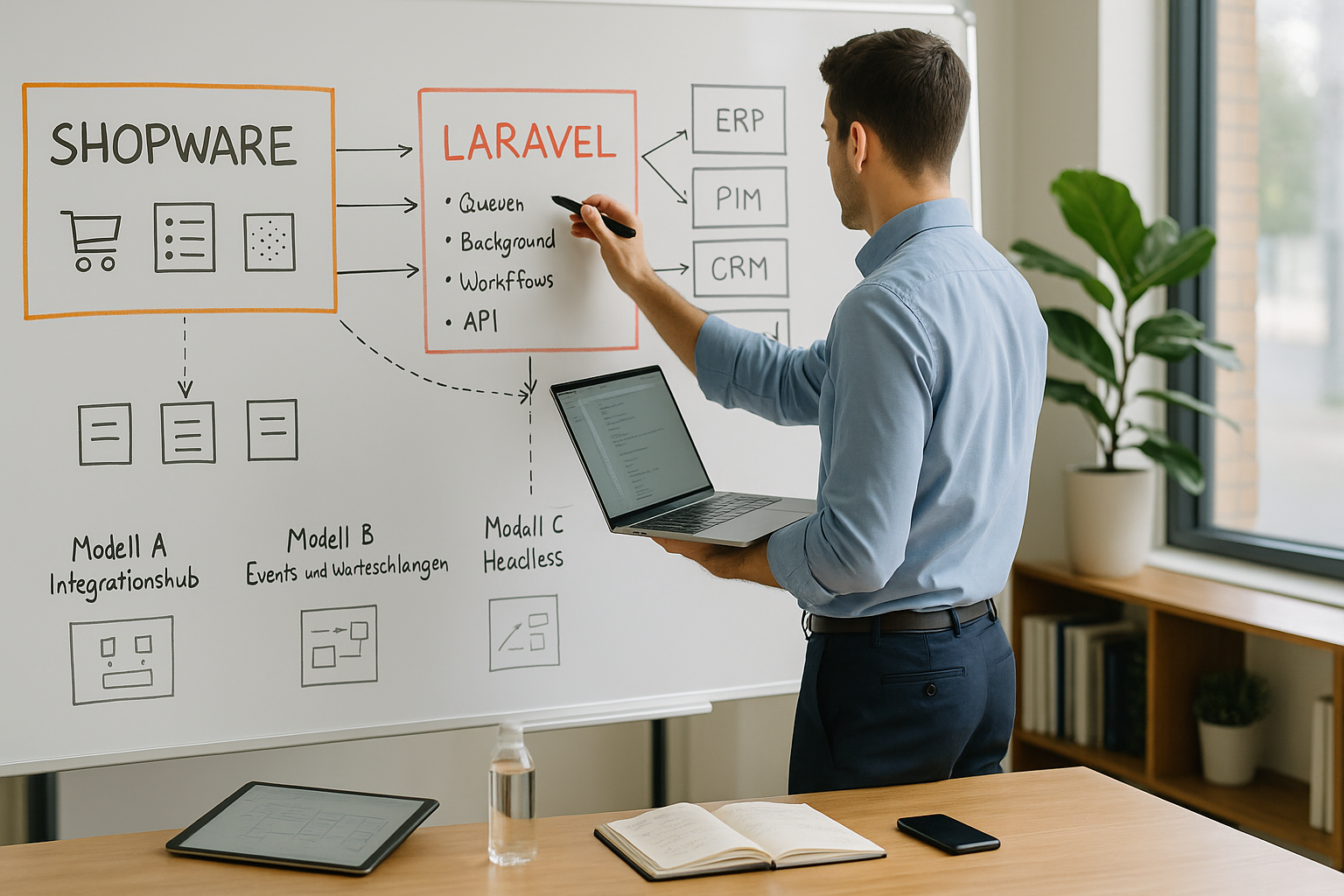 Entwickler erklärt Integrationskonzept zwischen Shopware und Laravel mit Anbindung an ERP, PIM und CRM über APIs und Workflows.