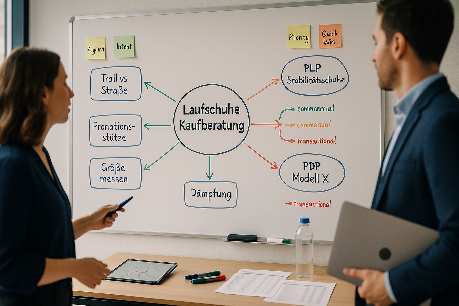 Nahaufnahme eines Whiteboards mit handgezeichneter Hub-and-Spoke-Struktur, farbige Post-its mit Themen-Clustern wie Kaufberatung, Vergleiche und Größenberater, verbunden durch Pfeile und Marker-Linien, im Hintergrund Team-Mitglieder in Diskussion, moderne Office-Umgebung, natürliches Licht