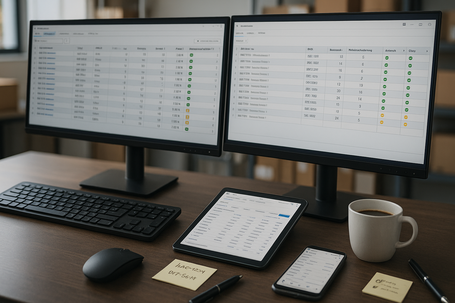 Nahaufnahme eines professionellen Büroarbeitsplatzes mit zwei modernen Computermonitoren, auf denen detaillierte Tabellen mit Artikeldaten, SKU-Nummern, Bestandszahlen und farbigen Marktplatz-Synchronisationsstatus zu sehen sind, im Vordergrund eine ergonomische Tastatur und eine Computermaus auf einer hellen Holzoberfläche, daneben ein Tablet mit geöffneter Amazon-Seller-Central-Ansicht, Notizzettel mit handschriftlichen SKU-Nummern und Checklisten, ein Smartphone mit eBay-App auf dem Display, eine halbvolle Kaffeetasse und ein Kugelschreiber, im unscharfen Hintergrund Regale mit Verpackungsmaterial und Versandkartons, natürliches Licht fällt von links ins Bild und beleuchtet den Arbeitsplatz weich