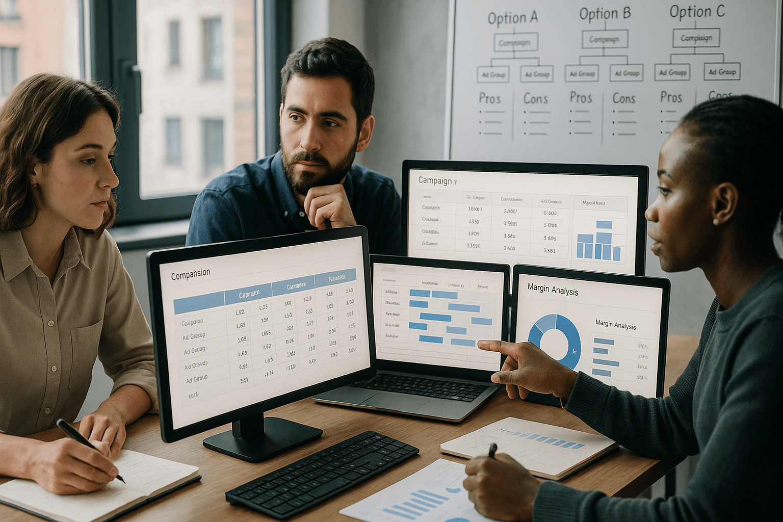 Dashboard mit Produktgruppen-Vergleich auf mehreren Monitoren, Performance-Metriken, ROAS-Werte, Conversions und Budget-Allocationen für verschiedene Produktkategorien sichtbar