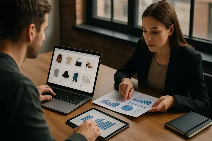 Hands-on Laptop zeigt technische Integrationen: API-Schnittstellen, Produktdaten-Feeds, GA4-Tracking-Dashboard auf mehreren Monitoren, Netzwerk-Diagramme, B2B-Dokumentation, Datenfluss-Visualisierungen, warme und kühle Beleuchtung, technische Umgebung.