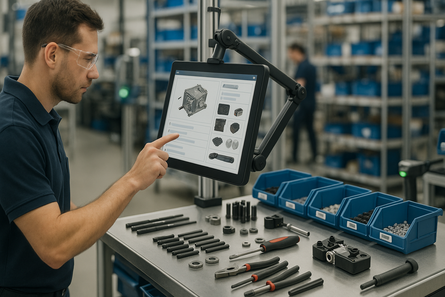 Mitarbeiter in moderner Produktionshalle nutzen Tablet mit digitaler Arbeitsanweisung, strukturierte Fertigung mit Komponenten und Checklisten