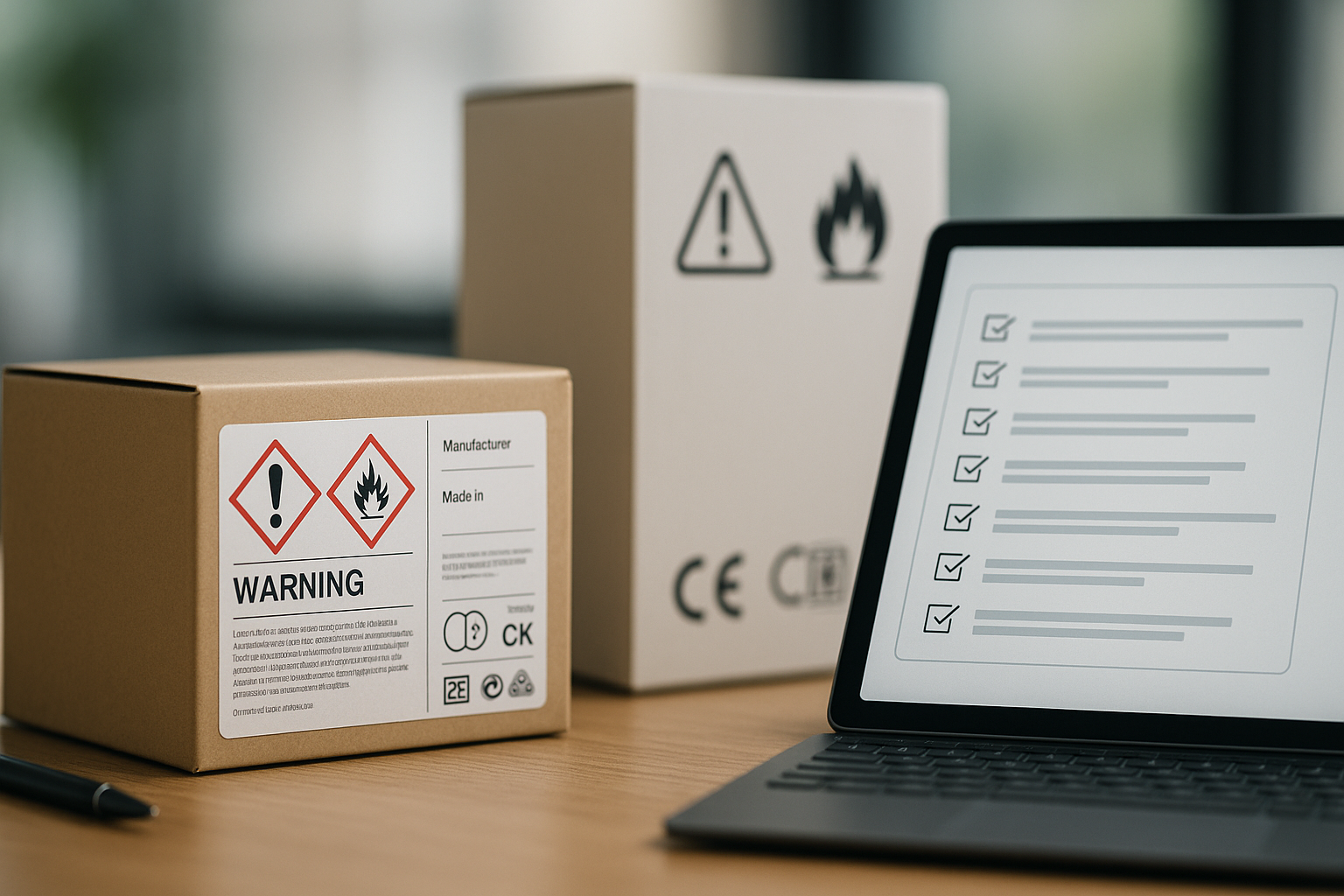 Nahaufnahme von Produktverpackungen mit sichtbaren Sicherheitshinweisen und Herstellerangaben auf einem Schreibtisch, daneben ein Tablet mit Produktdaten und einer Checkliste, professionelle Büroatmosphäre mit natürlichem Licht