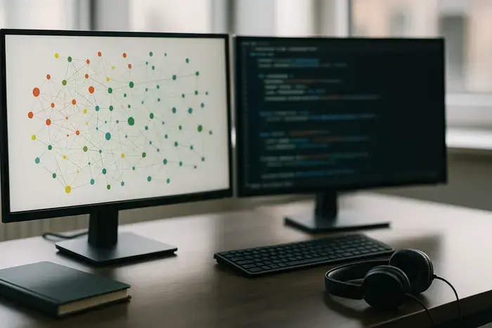 Arbeitsplatz mit Monitoren zur Analyse von Netzwerk- und Codefehlern