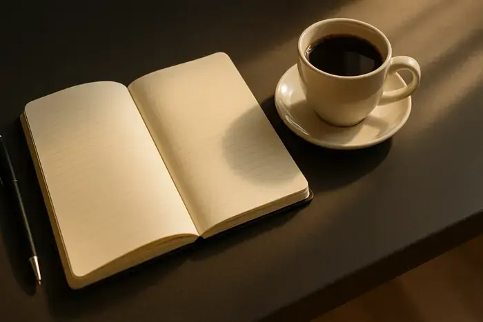 Notizbuch mit Kugelschreiber und Kaffeetasse auf dunklem Schreibtisch, Draufsicht der Arbeitsumgebung
