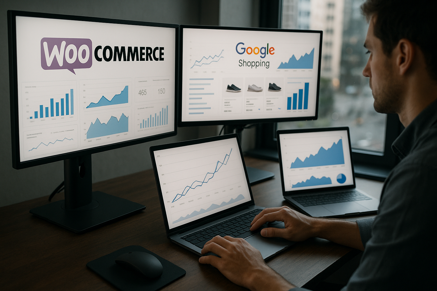 Intensivere Optimierungsszene mit mehreren Computerbildschirmen zeigt Produktfeed-Validierungsberichte, Feed-Fehler-Analysen, ROAS-Übersichts-Dashboards und Produktmargen-Tracking mit Marketingteam in Diskussion