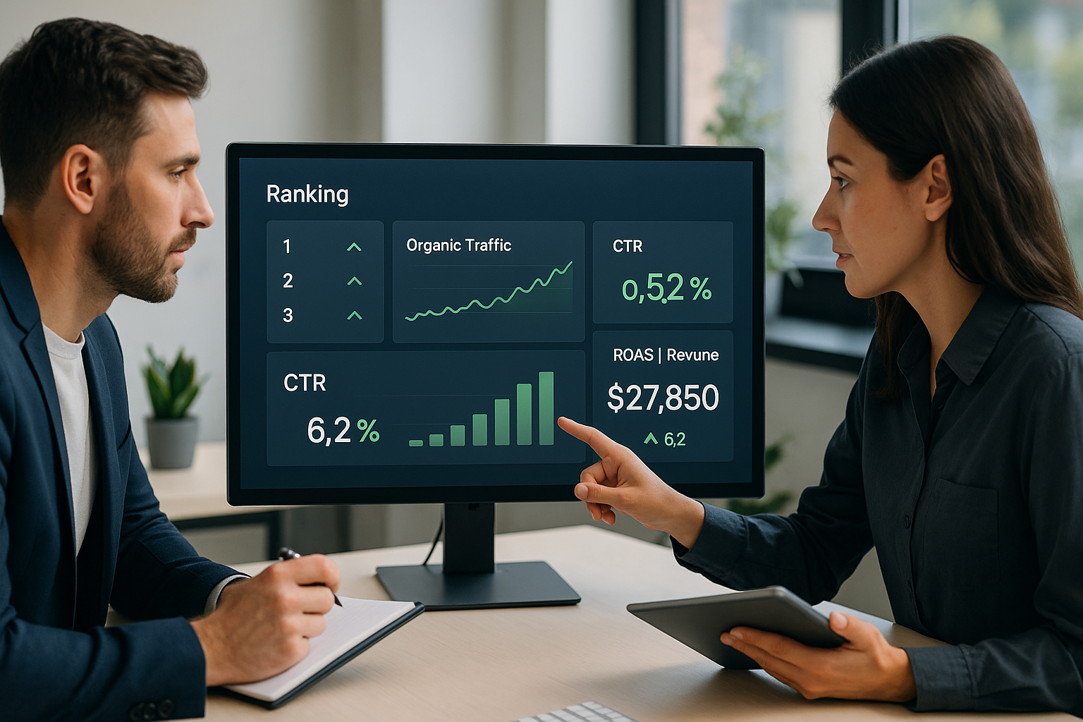 Dashboard mit KPI-Metriken: Ranking-Positionen, organischer Traffic, CTR, Conversion-Rate, AOV und ROAS für E-Commerce SEO Performance.
