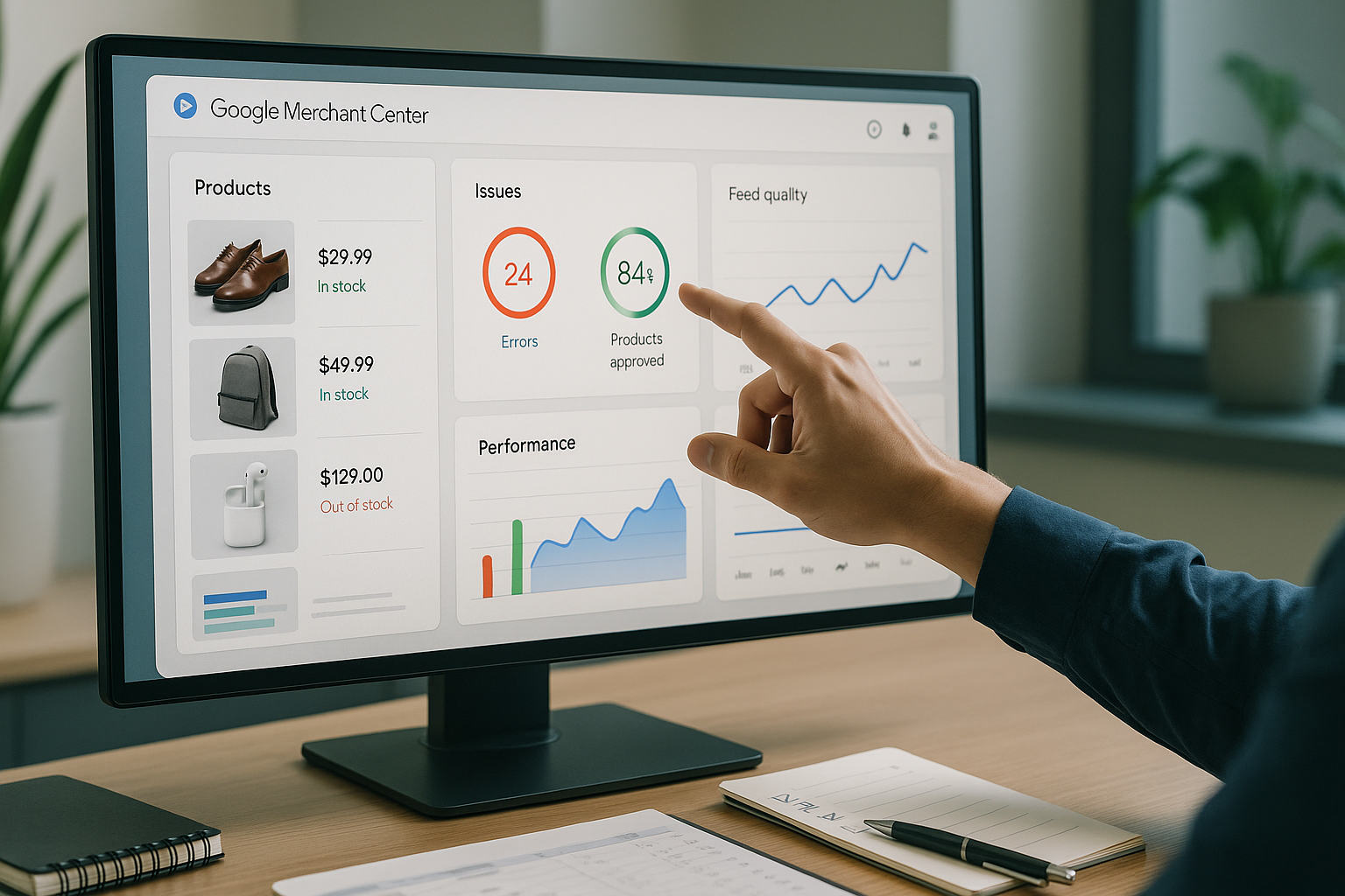 Detailliertes Google Merchant Center-Dashboard mit Fehlerberichten, Produktfreigaben, Feed-Qualität und Profitabilitätsmetriken auf Produktebene.