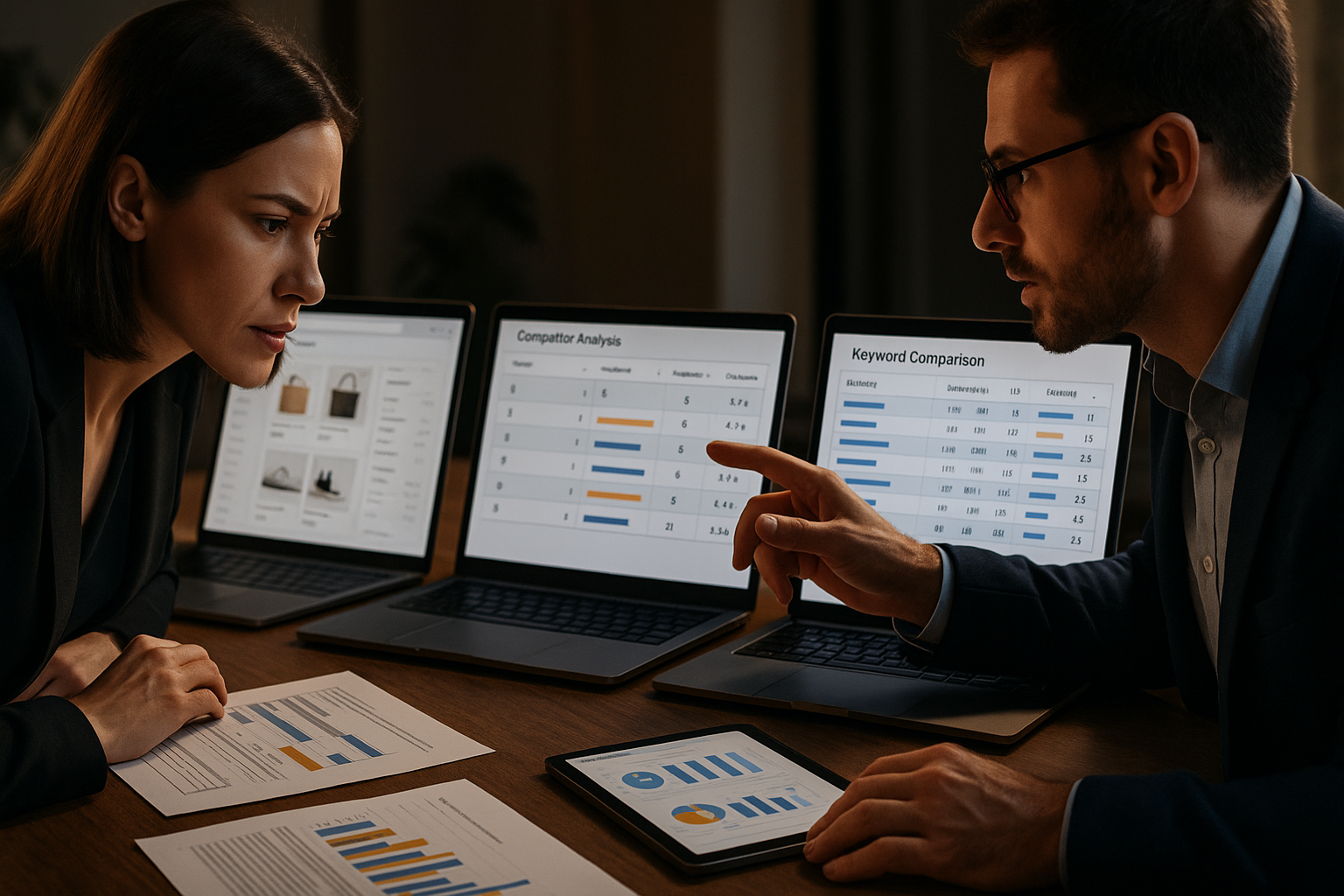 Zwei SEO-Manager vergleichen Konkurrenten-Daten auf mehreren Monitoren: Dashboard mit Rankings, Backlink-Vergleichen und Keyword-Analysen, Team-Diskussion über Optimierungsstrategie.