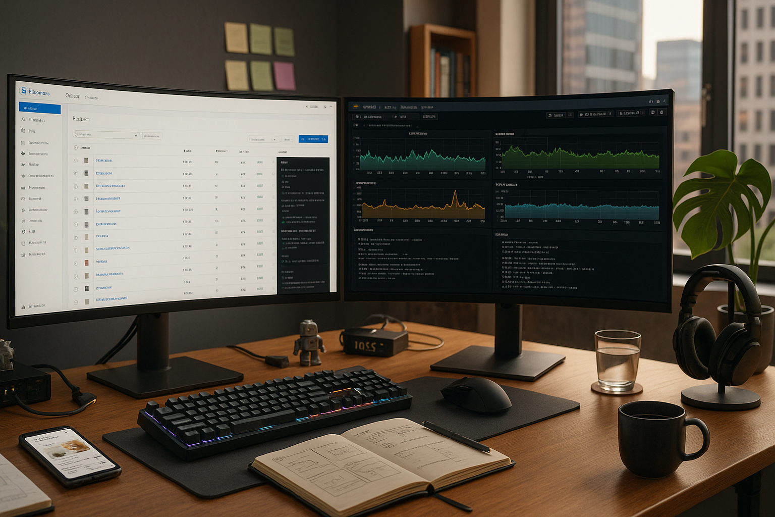 Dual-Monitor-Setup zeigt Admin-Oberfläche und Monitoring-Dashboard mit Verlaufskurven; auf dem Schreibtisch liegen Tastatur, Notizbuch, Kopfhörer und Kaffeetasse.