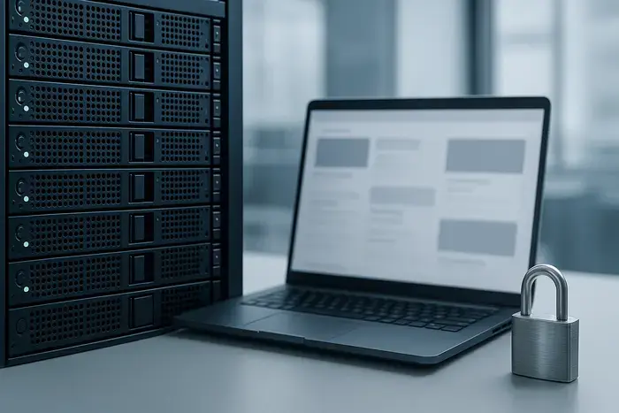 Technische Umgebung mit Serverrack und Vorhängeschloss als Symbol für sichere Webeinbindung