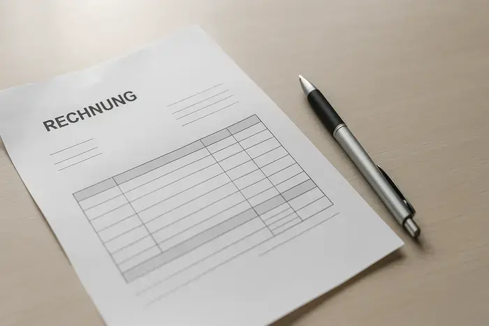 Rechnungsdokument auf Schreibtisch mit Stift, Arbeitsplatzszene