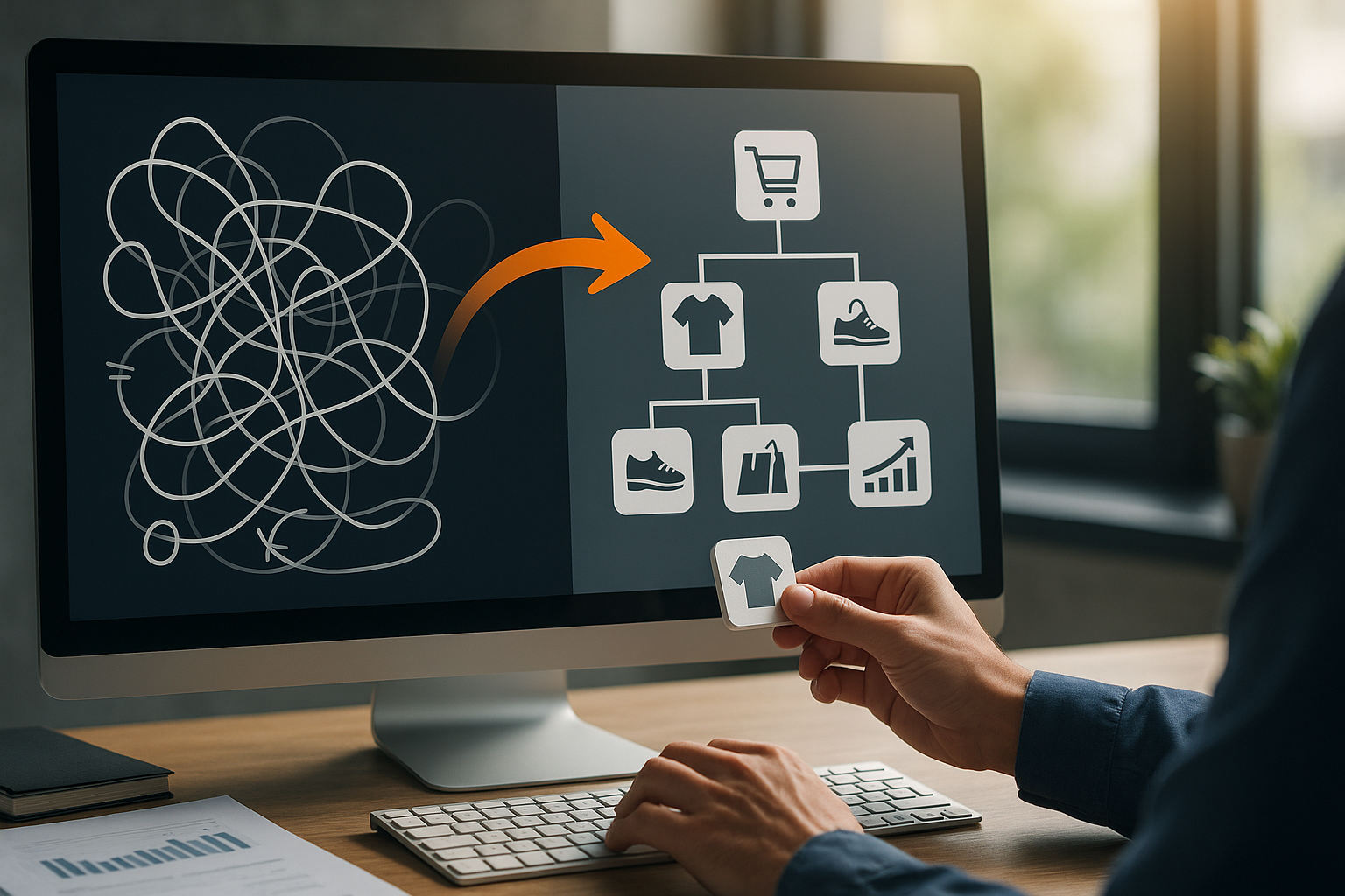 Vergleich einer chaotischen, duplikatreichen Shop-SEO-Struktur mit optimierter Hierarchie, klaren Kategorien, Authority-Content und strategischem Ranking-Power-Fluss