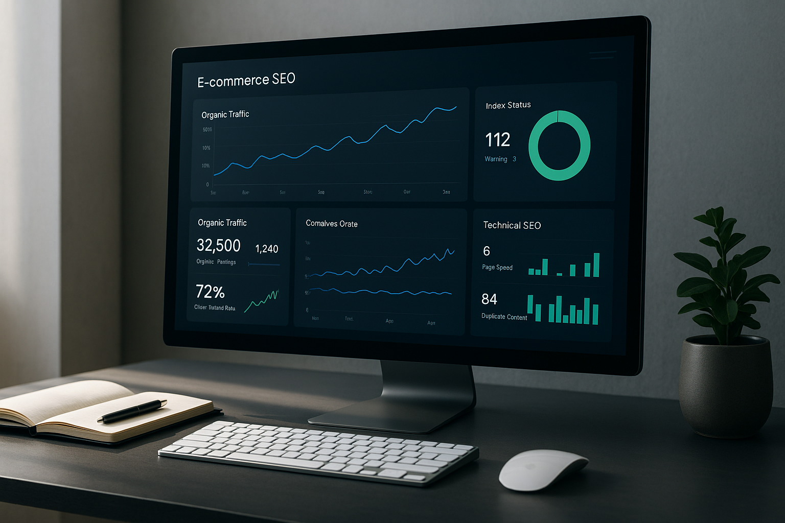 Detailaufnahme eines großen Monitors mit übersichtlichem E-Commerce-Dashboard, auf dem Performance-Metriken, Indexierungs-Status, Traffic-Verläufe und technische SEO-Kennzahlen zu sehen sind, daneben kabellose Tastatur, Maus, Notizbuch und kleine Pflanze, natürliches Licht von der Seite