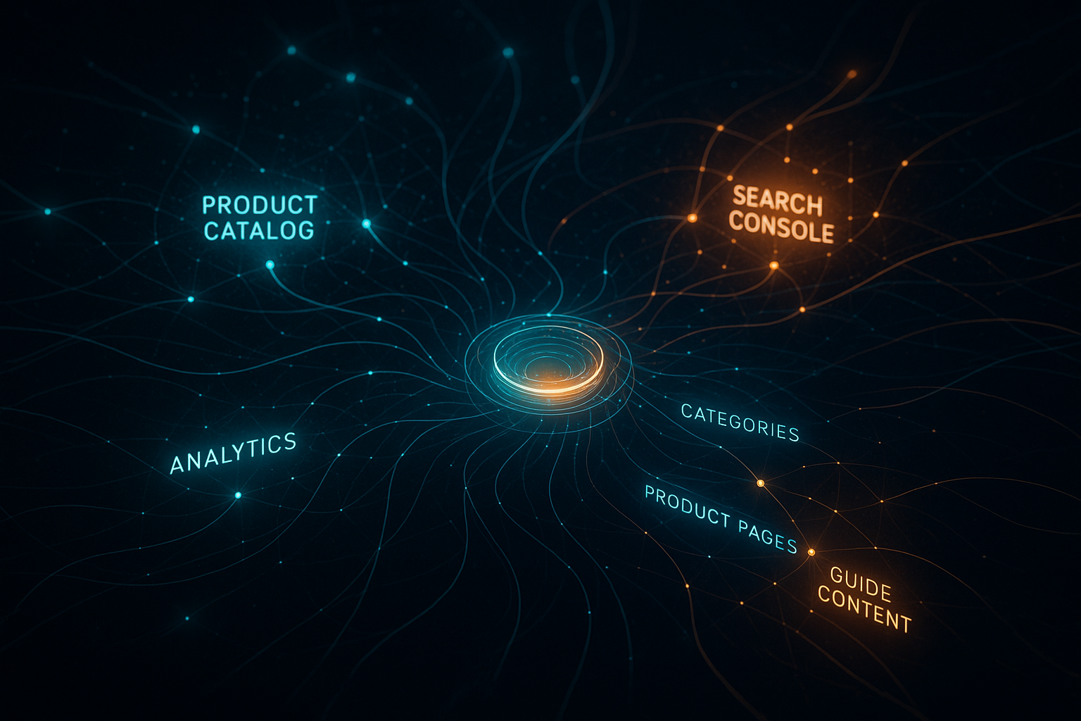 Digitale Datenvisualisierung eines automatisierten E-Commerce-SEO-Systems mit vernetzten Knoten für Produktdaten, Search Console, Analytics und automatisierte Workflows. Leuchtende Datenflüsse verbinden die Systeme.