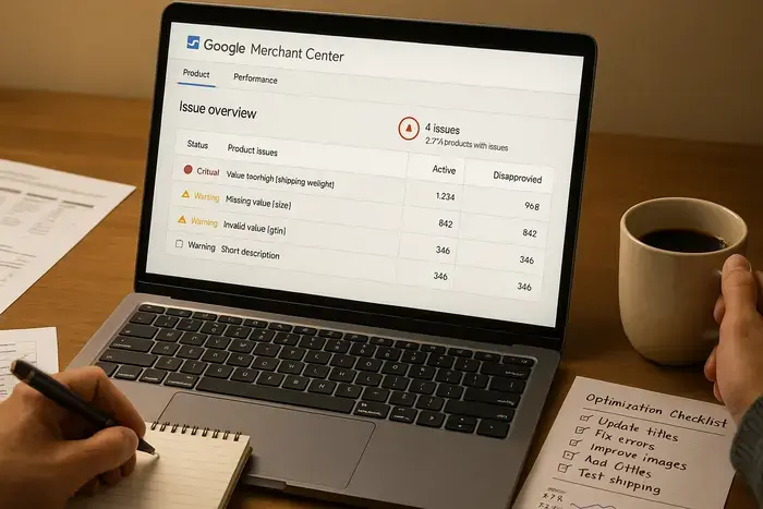 Laptop zeigt Google Merchant Center-Dashboard mit Feed-Fehlern neben Notizbuch mit Optimierungs-Checkliste und Analytics-Daten.