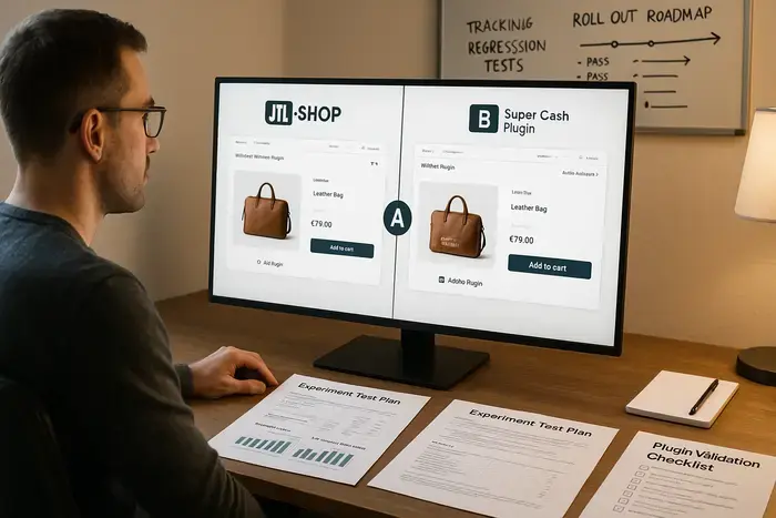 E-Commerce-Team analysiert Plugin-Performance-Metriken und KPI-Dashboard mit Entscheidungsmatrix zur Plugin-Auswahl