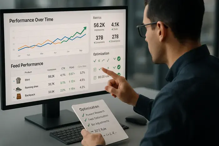 Data Analyst präsentiert an großformatigen Monitoren umfassendes Google Analytics und Performance-Reporting-Dashboard mit detaillierten Metriken wie Impressionen, Klicks, CTR, Conversion Rate und Umsatzzahlen. Echte Produktmuster und Verpackungen liegen auf dem modernen Konferenztisch. Professionelle Office-Umgebung mit klar analysiertem Daten-Setup