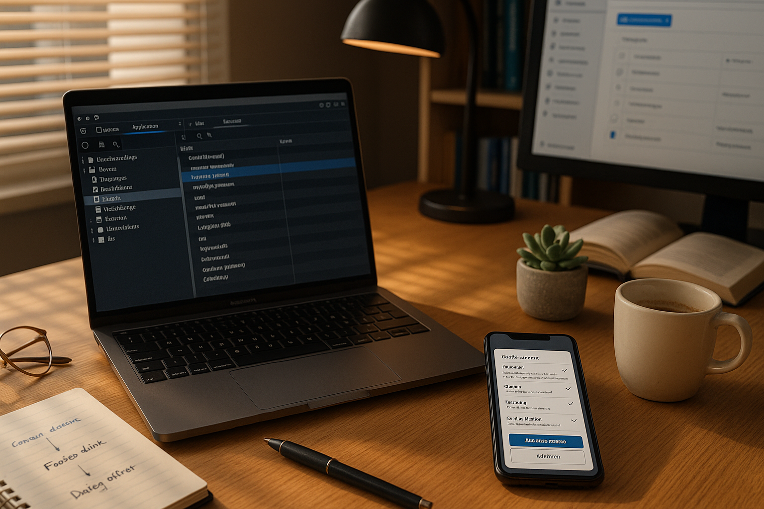 Laptop mit geöffneter Backend-Oberfläche und Smartphone mit Cookie-Banner-Einstellungen auf einem Schreibtisch bei Abendbeleuchtung