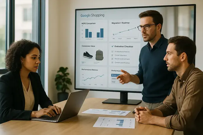 Ein Team von Analysten und Digital-Marketern in einem modernen Konferenzraum, die ROAS-Vergleiche, Performance-Daten und Migrations-Roadmaps auf einem großen Display evaluieren, während sie Entscheidungen zur Kampagnenoptimierung und Formatmigration treffen.