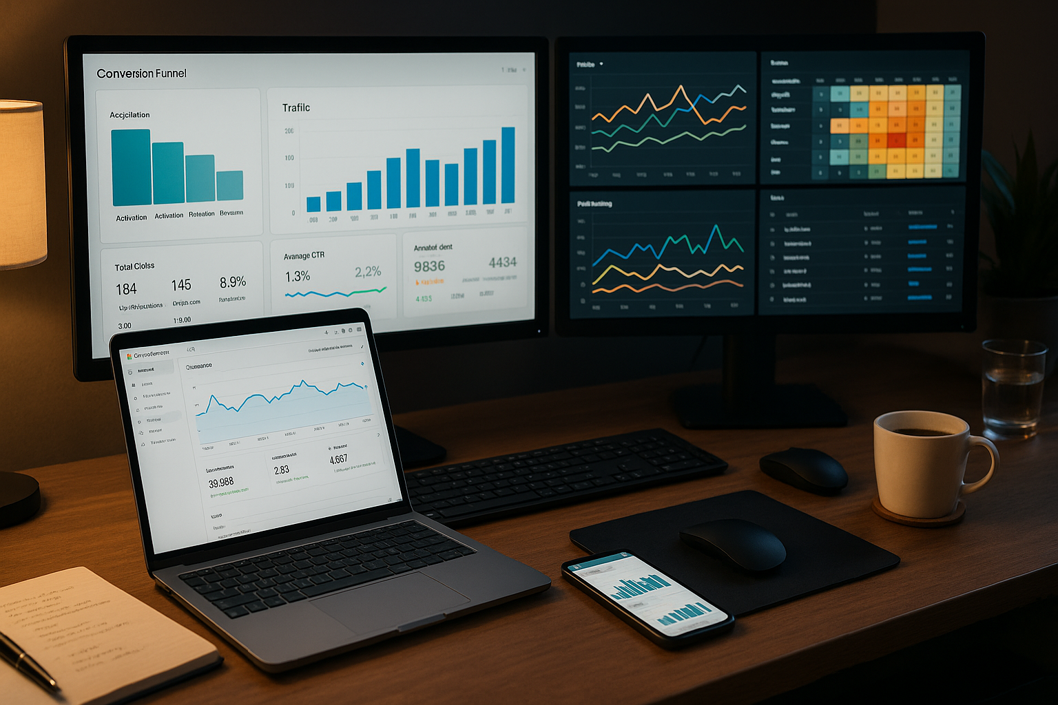 Detaillierte Analytik-Dashboards auf mehreren Monitoren zeigen E-Commerce-Performance-Metriken, Conversion-Funnels, Traffic-Analysen und Lead-Scoring-Daten in professionellem Büroumfeld mit Laptop und Notizen