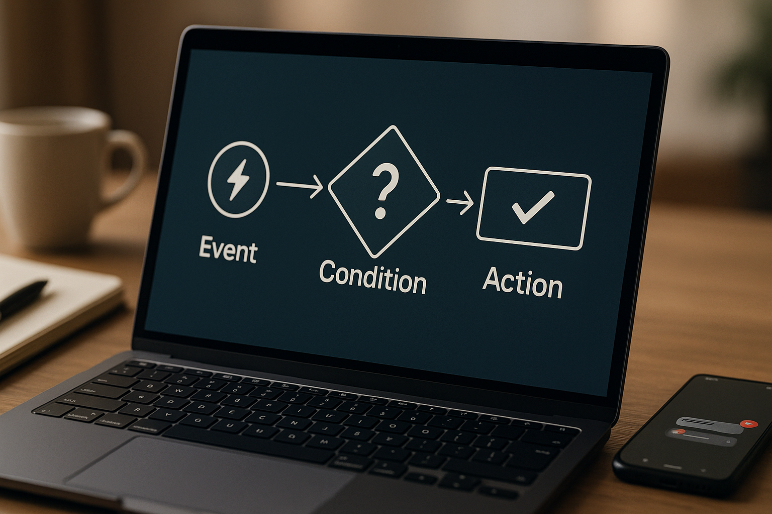 Nahaufnahme eines Laptop-Bildschirms mit detailliertem Workflow-Diagramm, das Ereignis-Bedingung-Aktion-Schema zeigt, moderne Büroumgebung mit natürlicher Beleuchtung