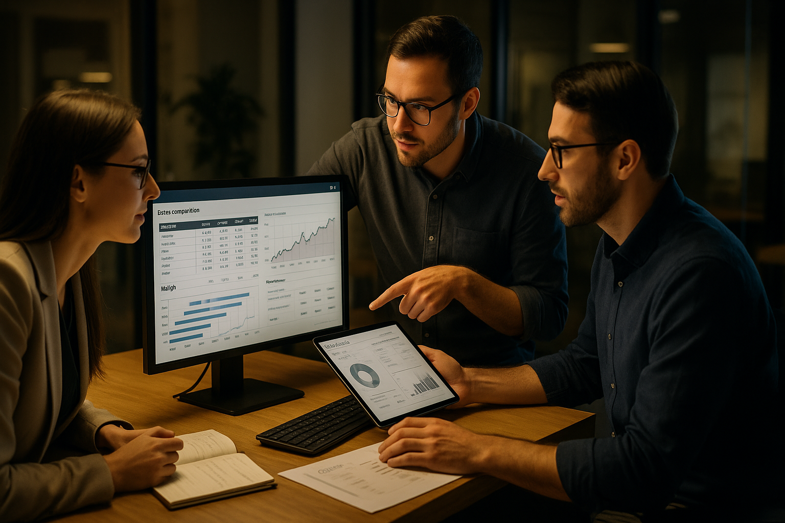 Zwei E-Commerce-Profis analysieren auf einem Monitor ein Preisvergleichs-Dashboard mit Tabellen, Trends, Konkurrenzpositionen und Margin-Impacts.
