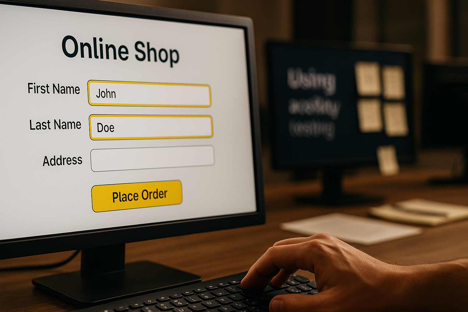 Nahaufnahme eines Computer-Bildschirms mit barrierefreiem Online-Shop-Interface, deutlichen Fokus-Indikatoren, großer Schrift, kontrastreichen Formularen und Accessibility-Tools in professioneller Arbeitsumgebung
